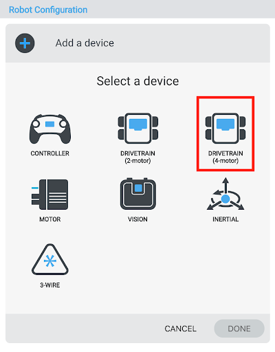 Device selection window with ‘Drivetrain 4-Motor’ option highlighted.