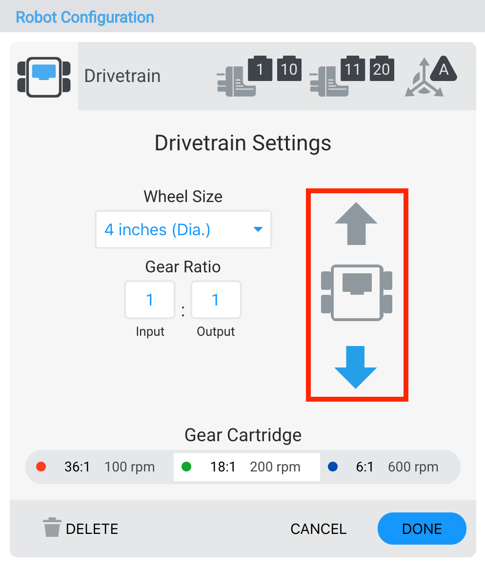 Drivetrain settings with directional arrows indicating option to reverse drivetrain direction.