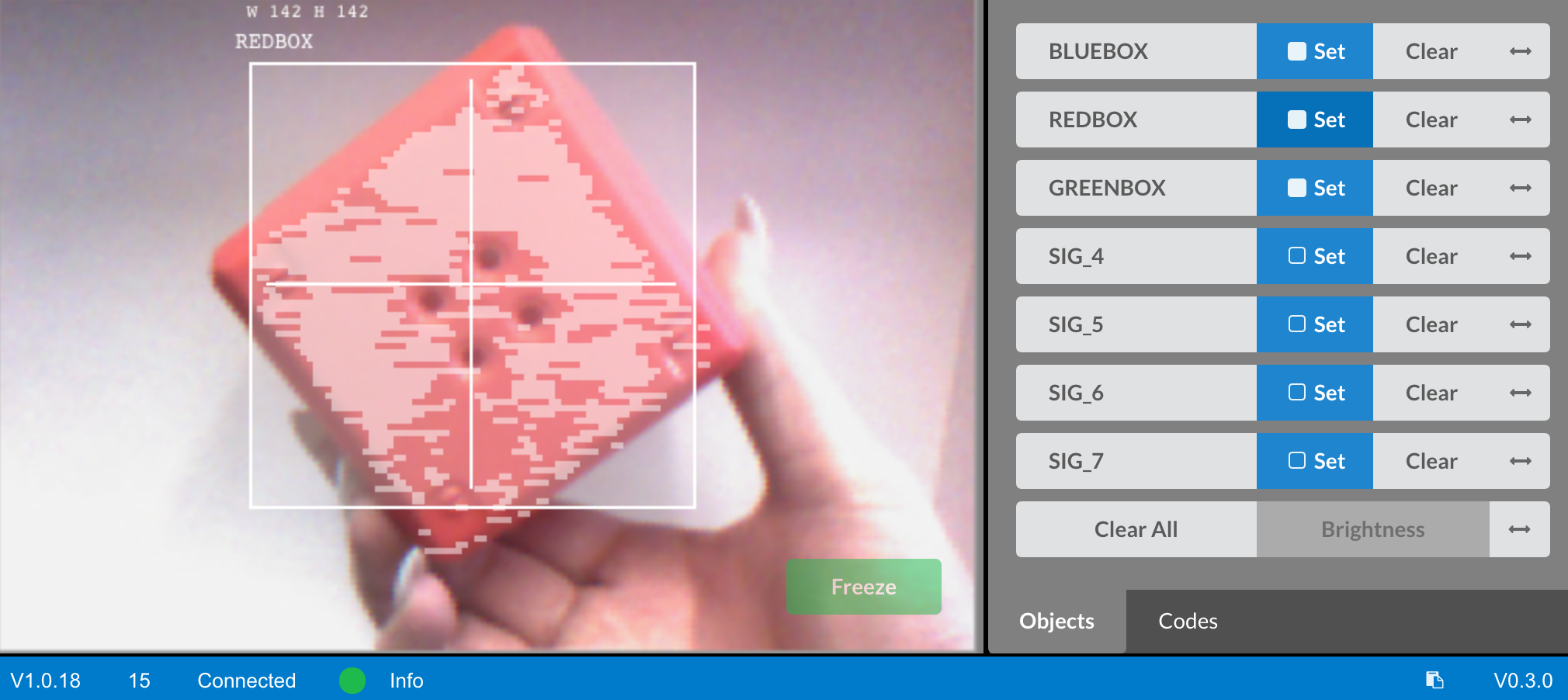 Vision utility showing red object detection after resetting the signature, with detection overlay updated and more accurate.