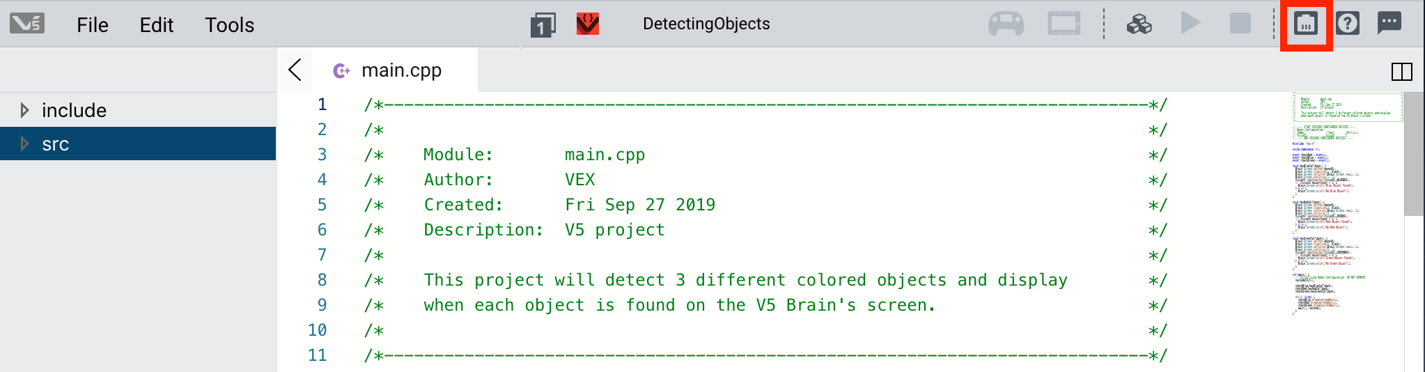 VEXcode Pro V5 interface with Robot Configuration button highlighted on the Toolbar.