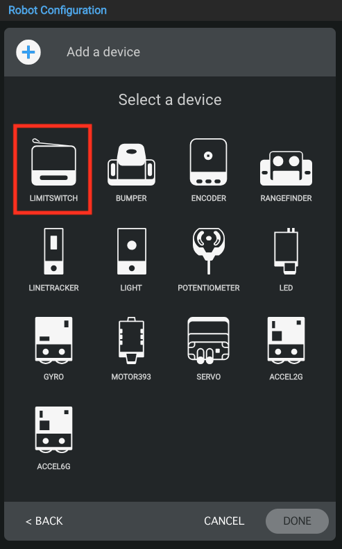 Device selection screen showing multiple 3-wire devices and with the Limit Switch selected.