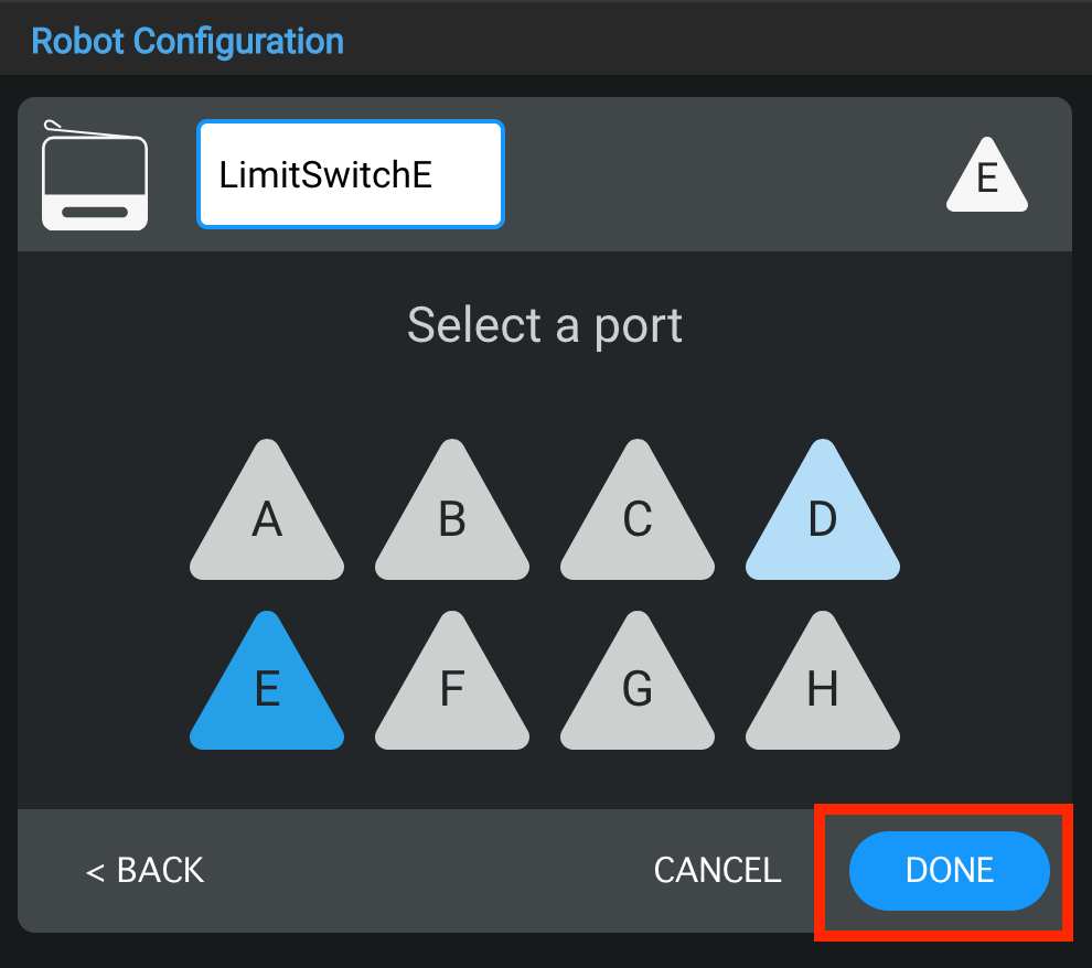 Port selection screen with the Limit Switch device assigned to port E and the Done button highlighted.