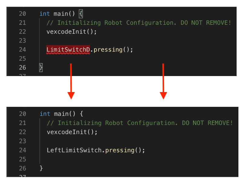 C++ code example showing device name updated in program after renaming a 3-wire device. The new name reads LeftLimitSwitch and this is reflected in the code.
