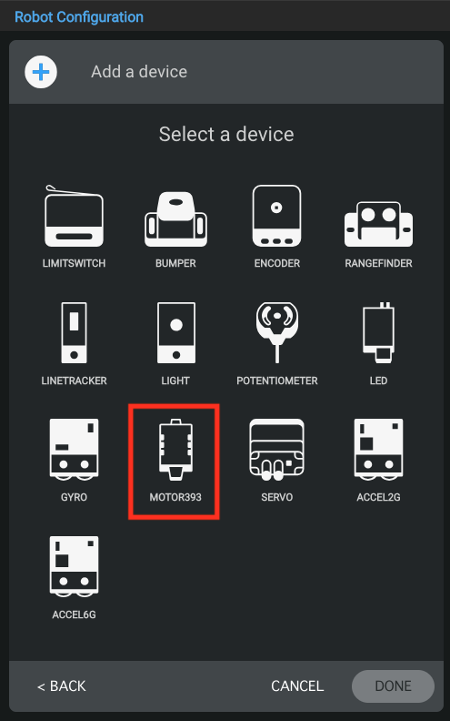 Device selection screen with VEX Motor-393 option highlighted.