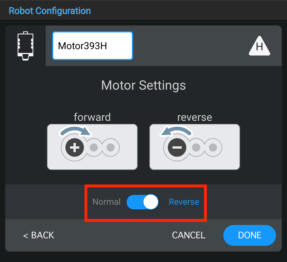 Motor settings window showing toggle to switch Motor-393 direction between normal and reverse.