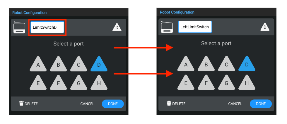 Side by side screenshots to demonstrate changing the device's name using the name field. The new name reads LeftLimitSwitch.