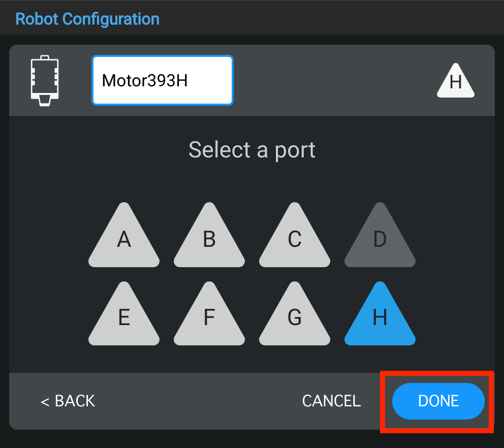 Port selection screen showing Motor-393 assigned to a port with Done button highlighted.