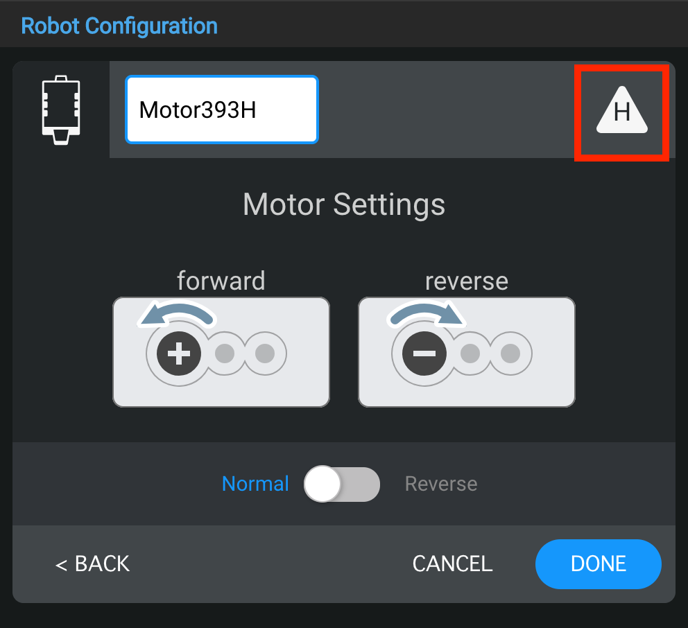 Motor settings window with port selection icon highlighted to change Motor-393 port.