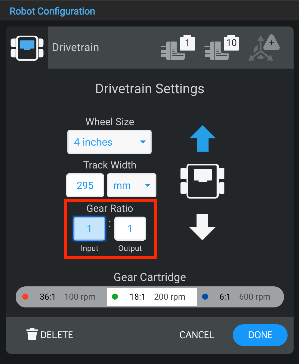 Drivetrain settings showing input and output fields used to adjust gear ratio.