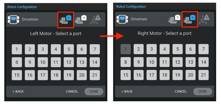 Port selection screens showing left and right motor ports being assigned on the V5 Brain.
