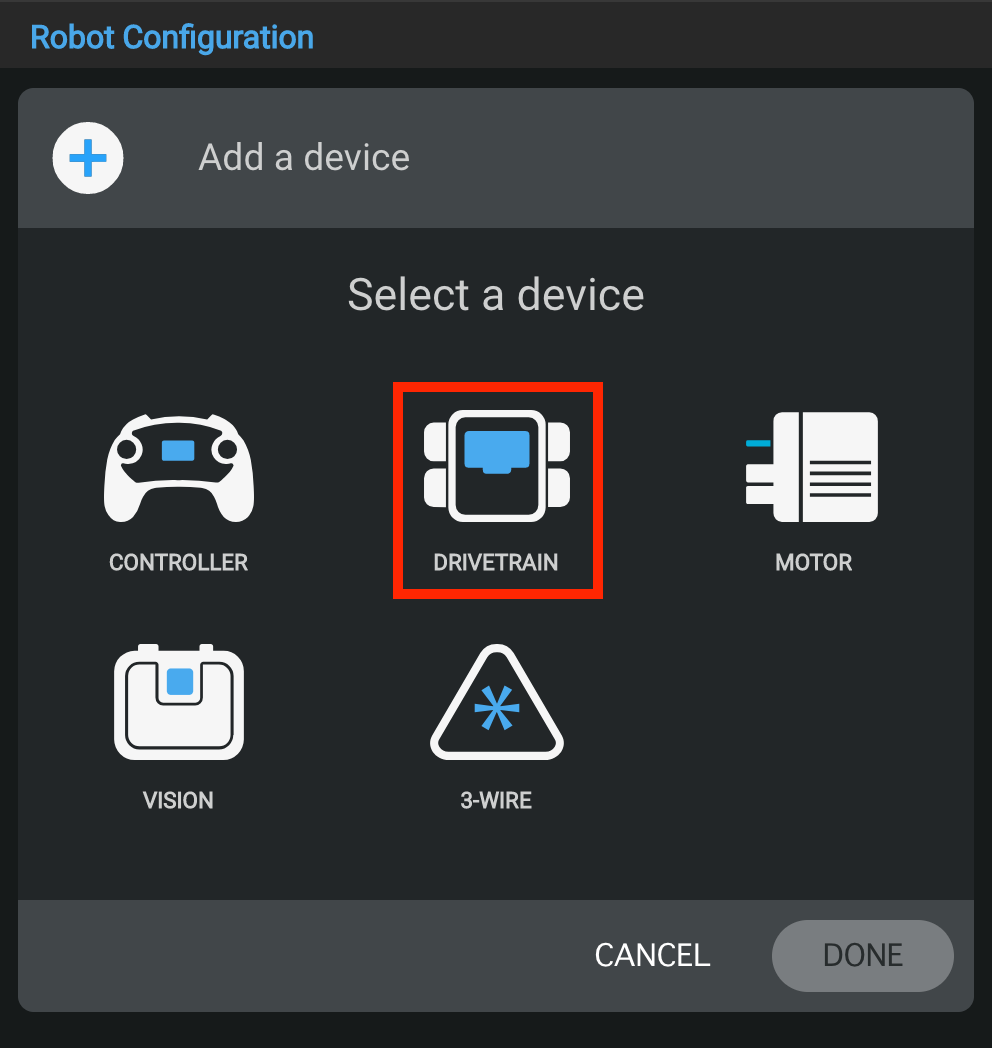 Device selection window with ‘Drivetrain’ option highlighted.