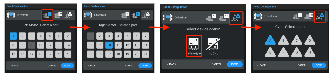 Side by side screenshots to demonstrate the Ports being changed for the left and right motors and the gyro.