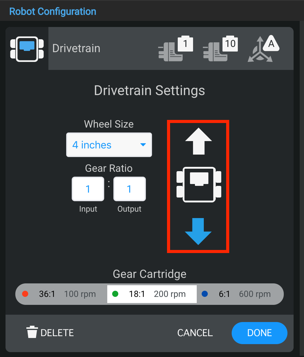 Drivetrain settings with directional arrows indicating option to reverse drivetrain direction.