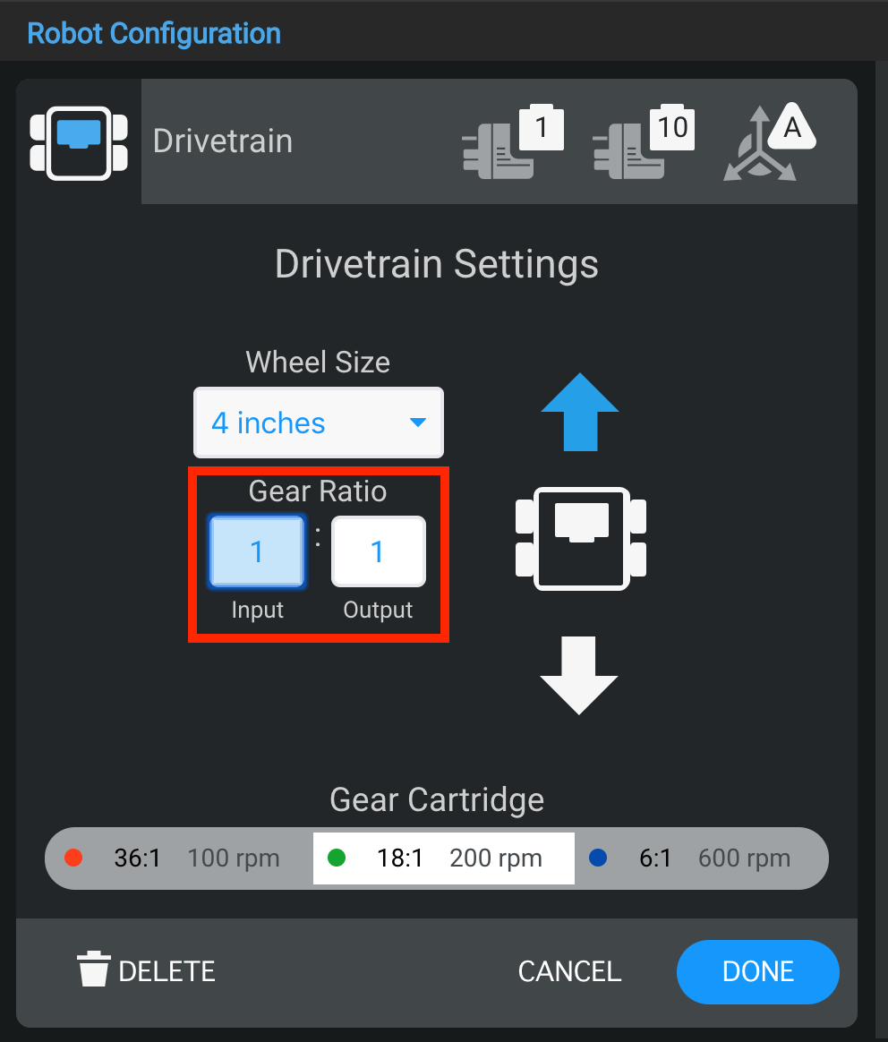 Drivetrain settings showing input and output fields used to adjust gear ratio.