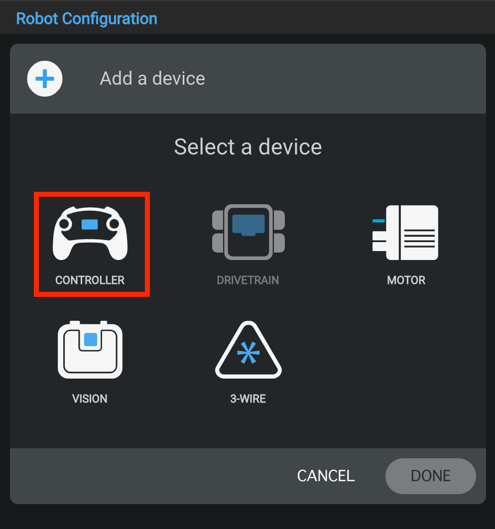 Device selection window with the Controller option highlighted.