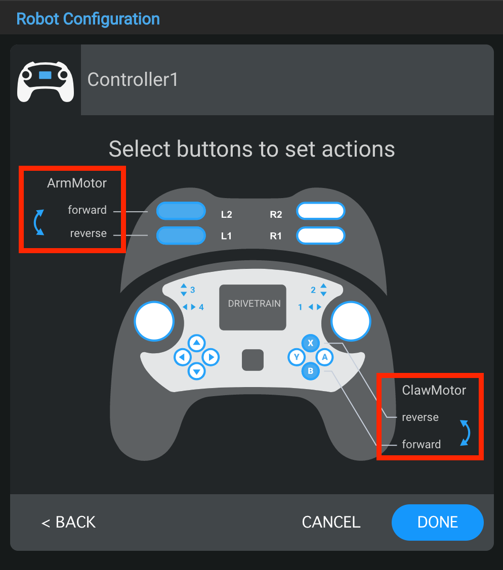 Controller configuration window showing motor direction controls with forward and reverse assignments swapped using arrow icons.