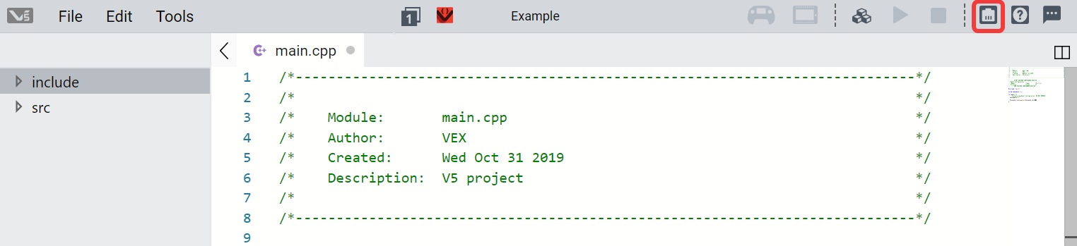 VEXcode Pro V5 interface with Robot Configuration button highlighted on the Toolbar.