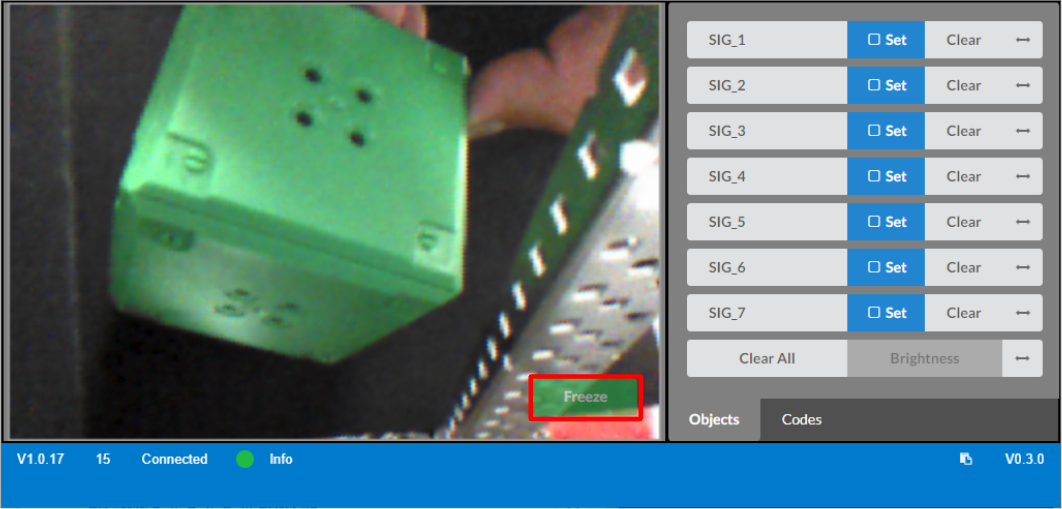 Vision Utility showing camera view with the Freeze button highlighted.