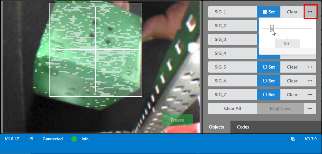 Vision utility showing color detection alongside signature slider being adjusted to improve recognition.
