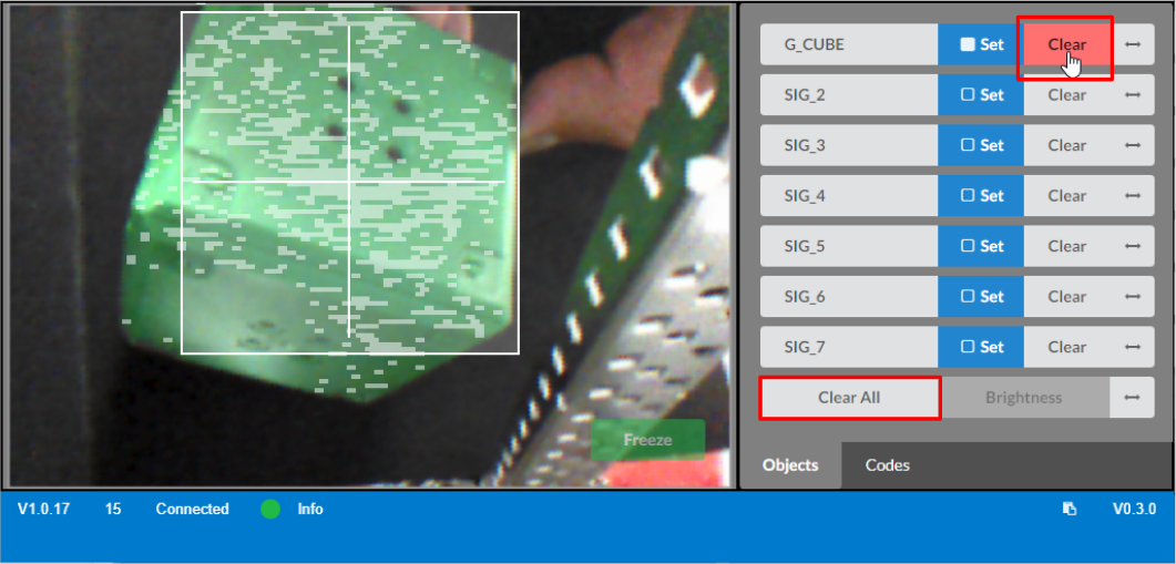 Vision Sensor settings with Clear button highlighted to remove an existing color signature.