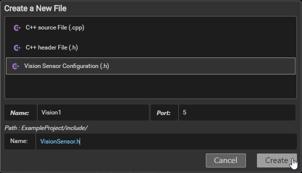 Create New File window showing Vision Sensor Configuration (.h) selected with name and port fields filled and Create button highlighted.