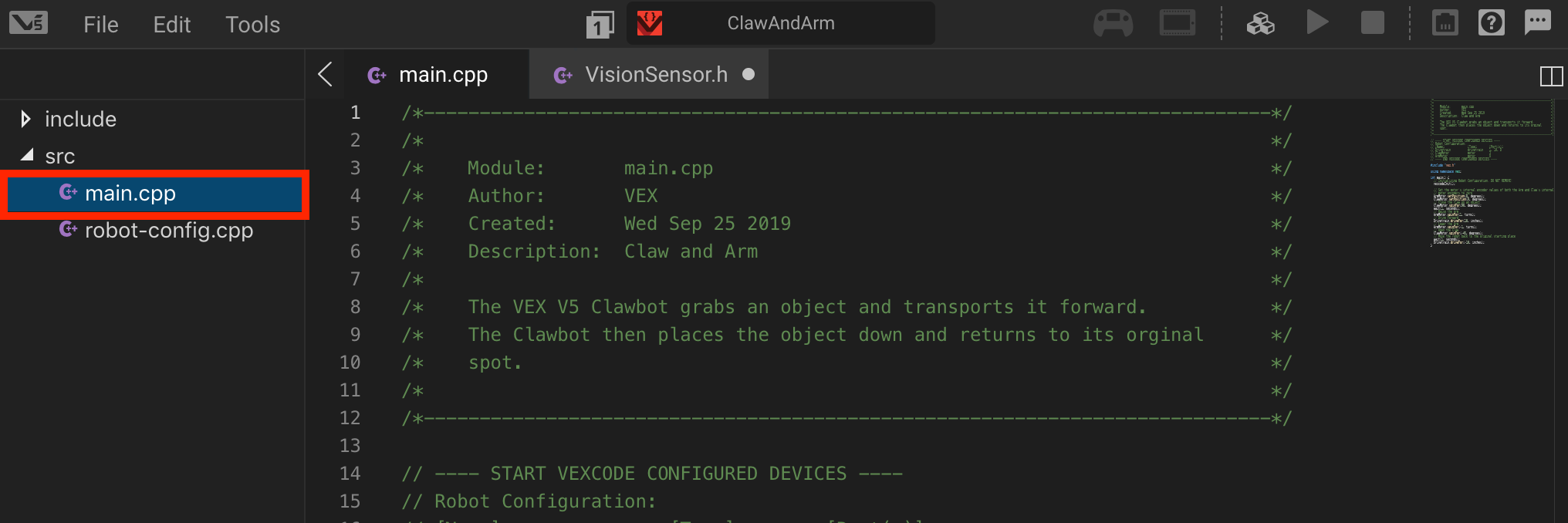 VEXcode Pro V5 file explorer with main.cpp file highlighted in the src folder.