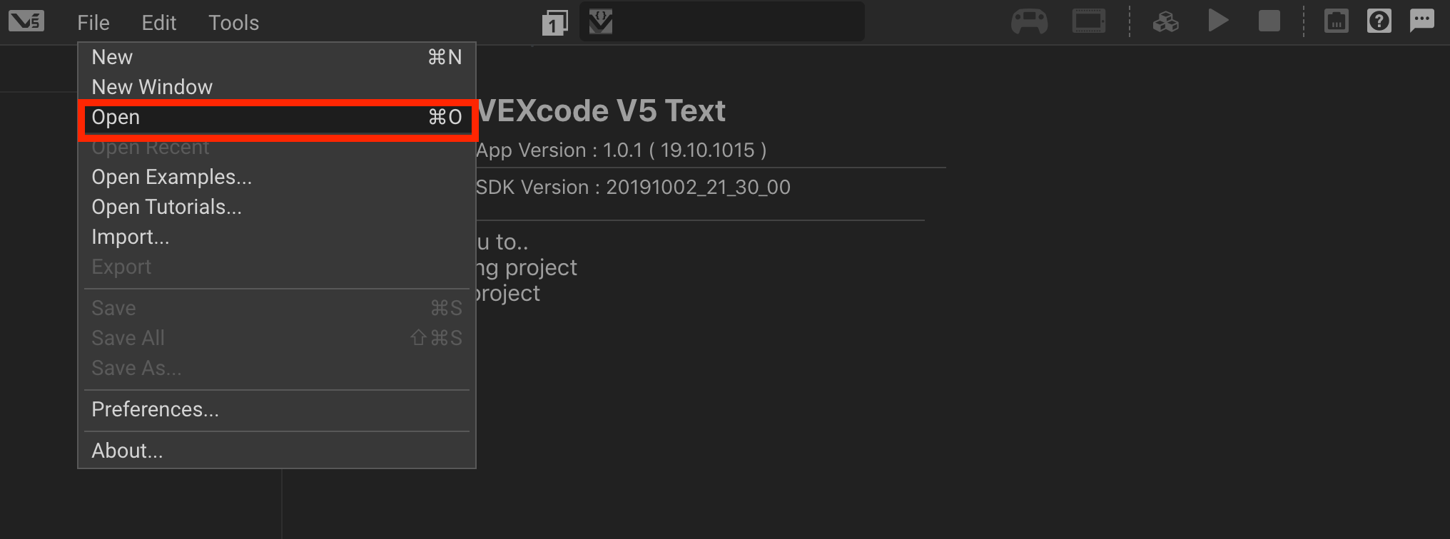 VEXcode Pro V5 interface with File menu open and Open option highlighted to open a project.