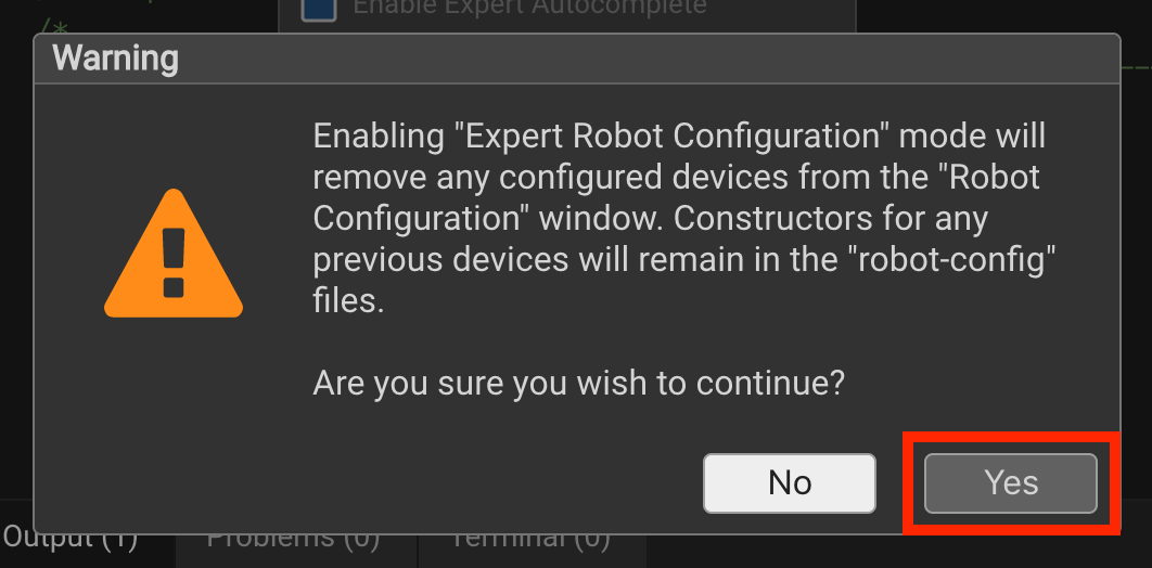 Warning dialog explaining Expert Robot Configuration with Yes button highlighted to confirm.