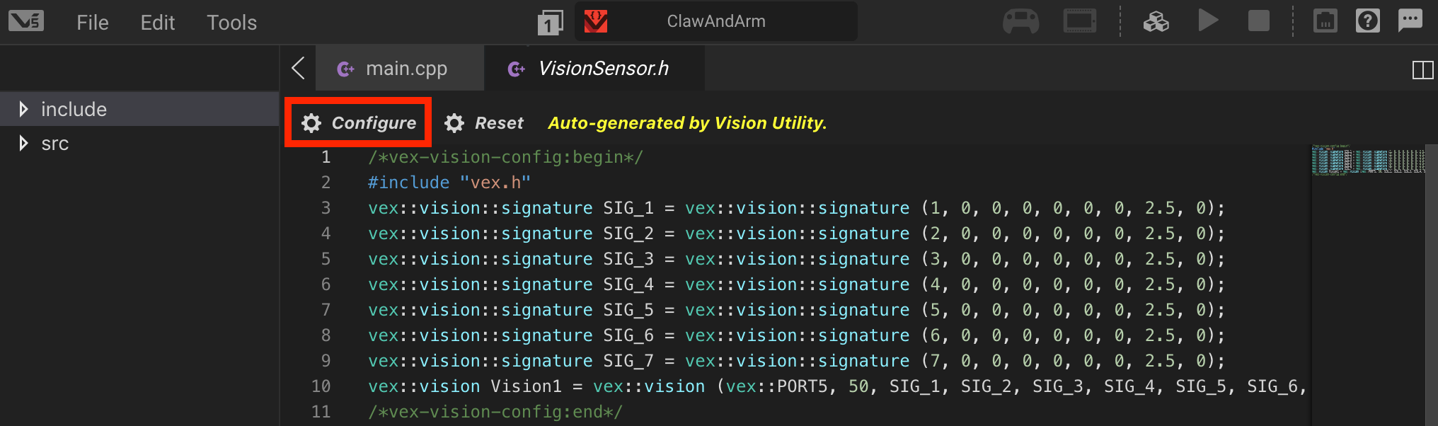 VEXcode Pro V5 code editor showing Vision Sensor configuration file open with Configure button highlighted.
