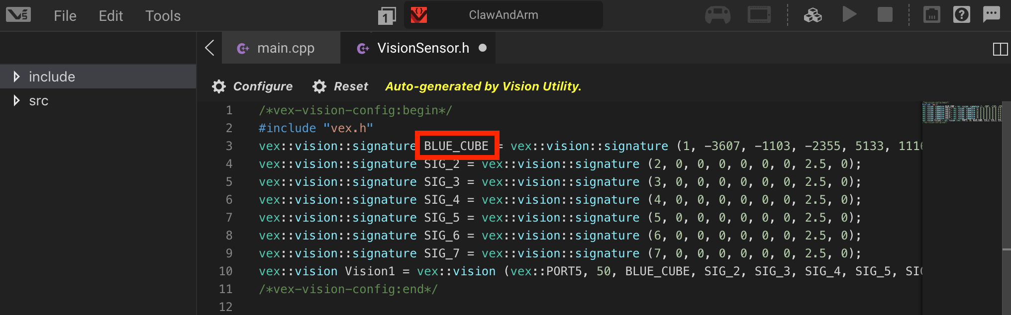 VEXcode Pro V5 code editor showing Vision Sensor configuration file with the BLUE_CUBE signature defined in the code.