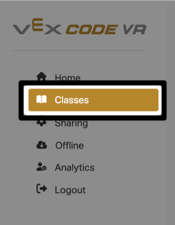 The Menu on the left in the VR Admin dashboard with the Classes option highlighted, below Home.