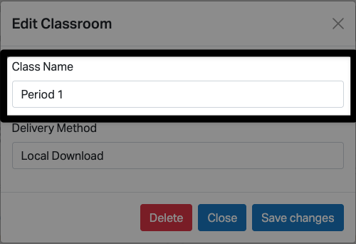 The Edit Classroom dialog box with the Class Name section highlighted. The new class name reads Period 1.
