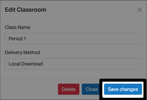 The same Edit Classroom dialog with the Save Changes button on the lower right corner highlighted.