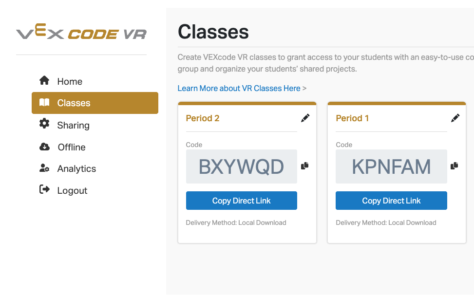 The Classes section of the VR Admin dashboard now showing two class tiles - one labeled Period 1 and on Period 2, with two individual class codes.