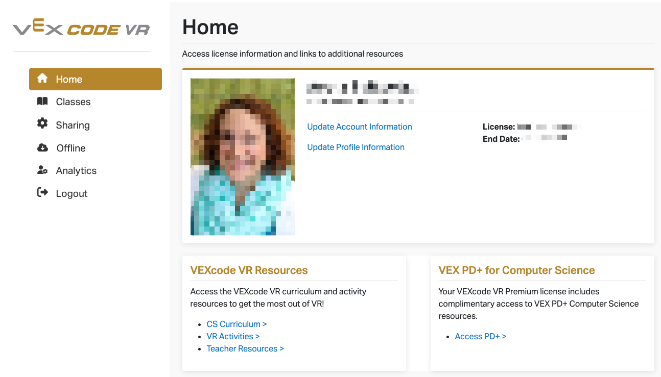 VR Admin Dashboard reads Home at the top and shows a menu on the left and profile information in the center.