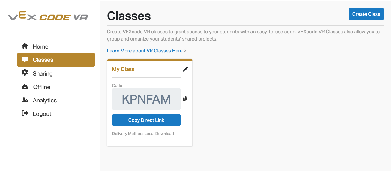 The Classes section of VR Admin with one tile showing a Class named My Class with a 6 digit copyable Class Code beneath it.