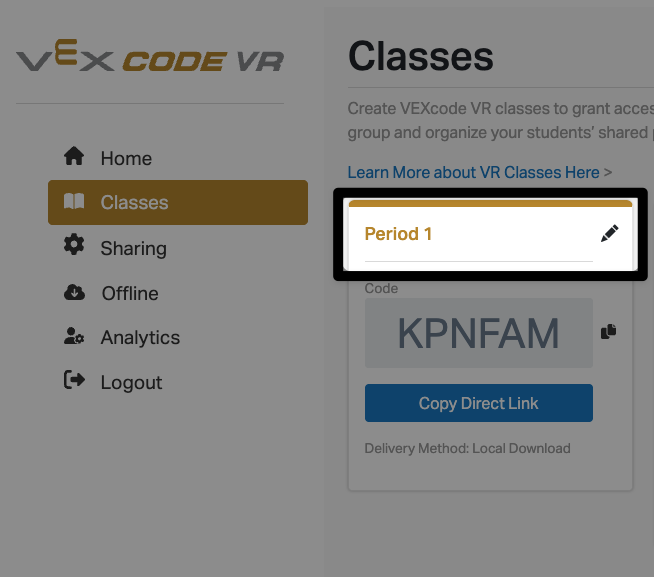 The Classes section again, with the name of the class on the tile reading Period 1, highlighted.
