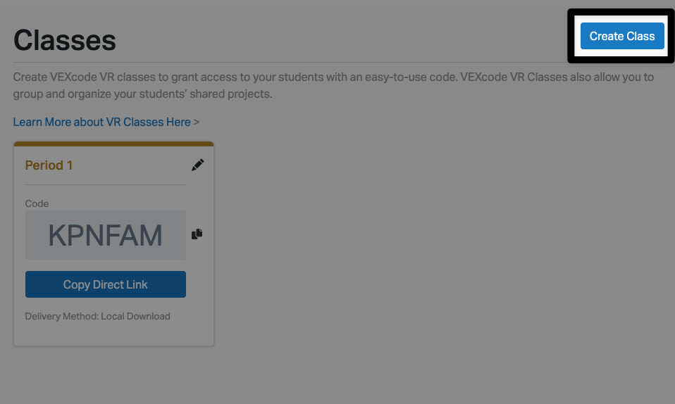 The Classes section of VR Admin, with the Create Class button in the upper right corner opposite the Classes header highlighted.