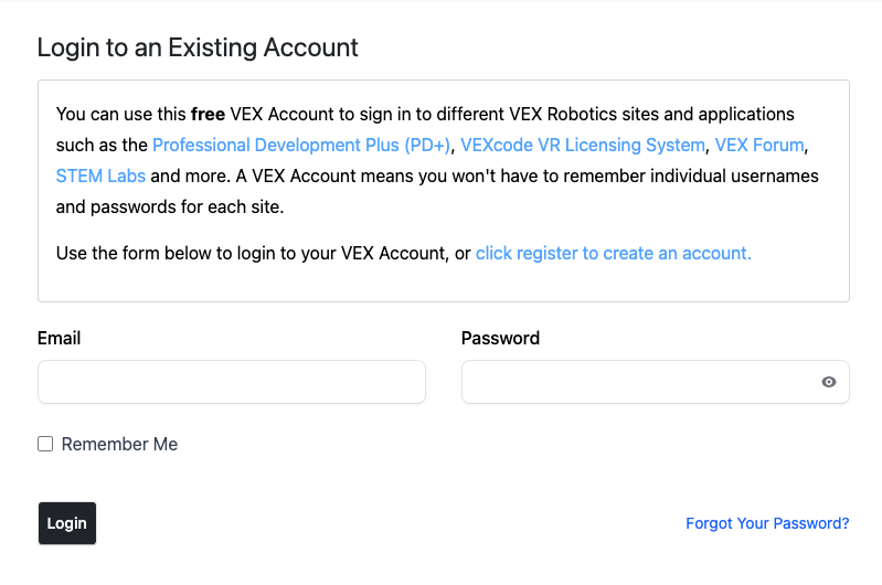 A screenshot of login.vex.com reads Login to an existing account at the top and has text boxes for Email and Password above a Login button in the lower left.
