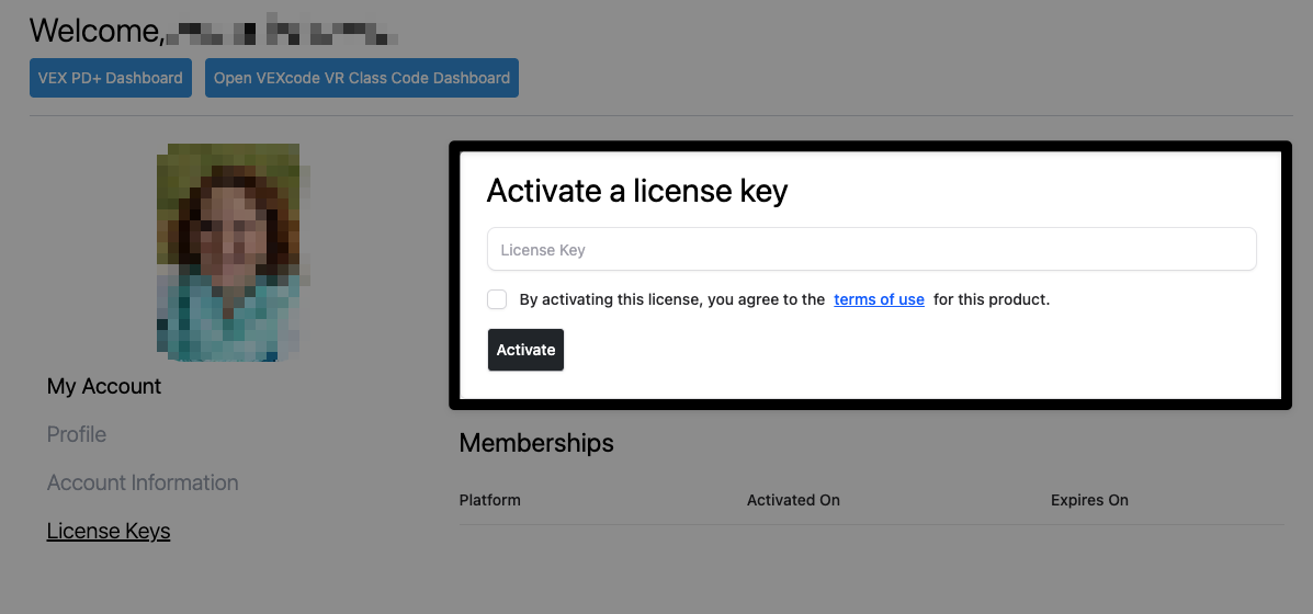 The same screenshot with the Activate a license key section highlighted. A text box to input your license key is at the top, with a checkbox for agreeing to terms of use directly below it. A button reads Activate in the lower left, above the memberships section.
