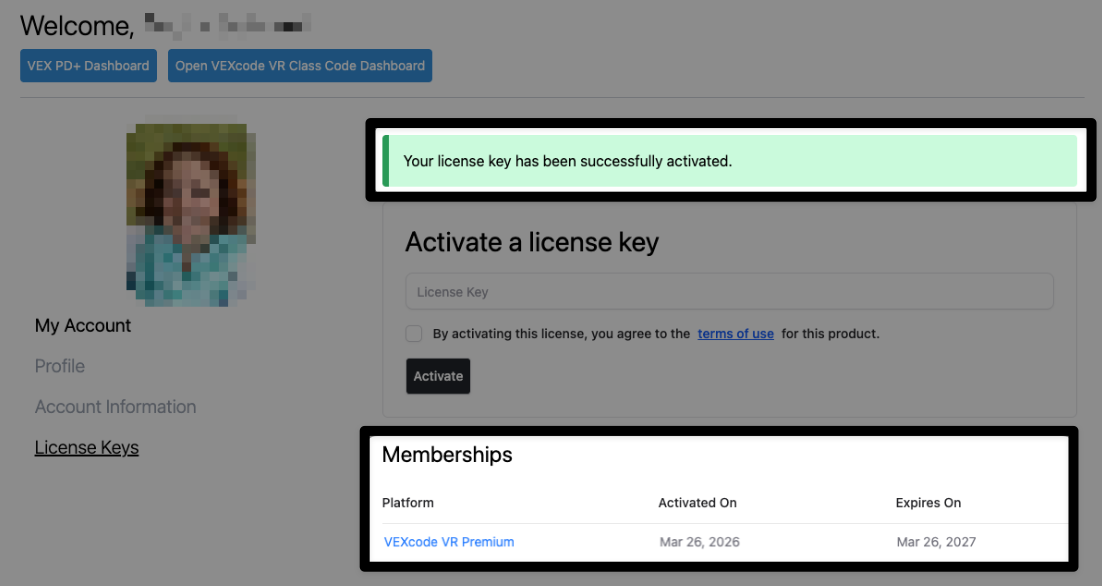 The same image as the one previously, now with a green banner reading Your license key has been successfully activated at the top, and the Memberships section at the bottom showing a VEXcode VR Premium and activation and expiration dates.