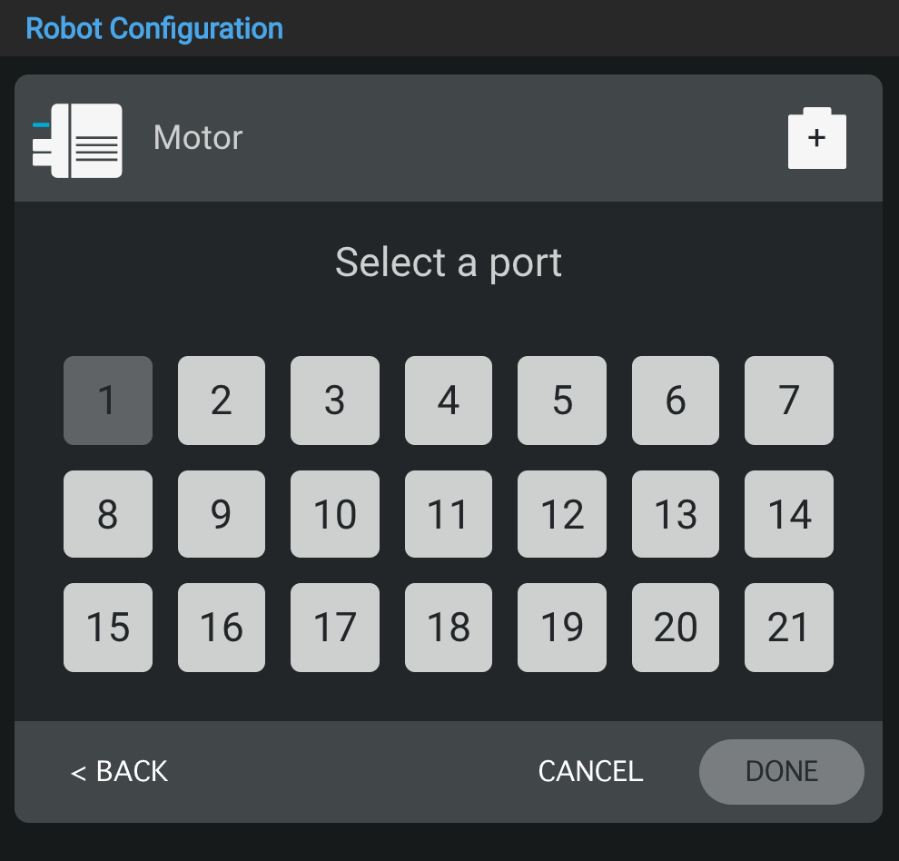 Port selection screen with the Motor device assigned to port 1 and the Done button highlighted below.