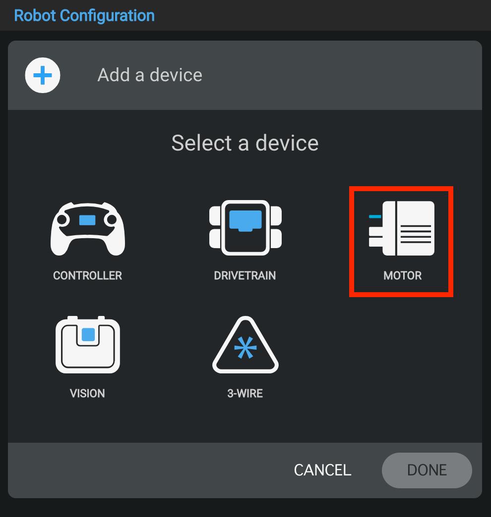 Device selection window with ‘Motor’ option highlighted.