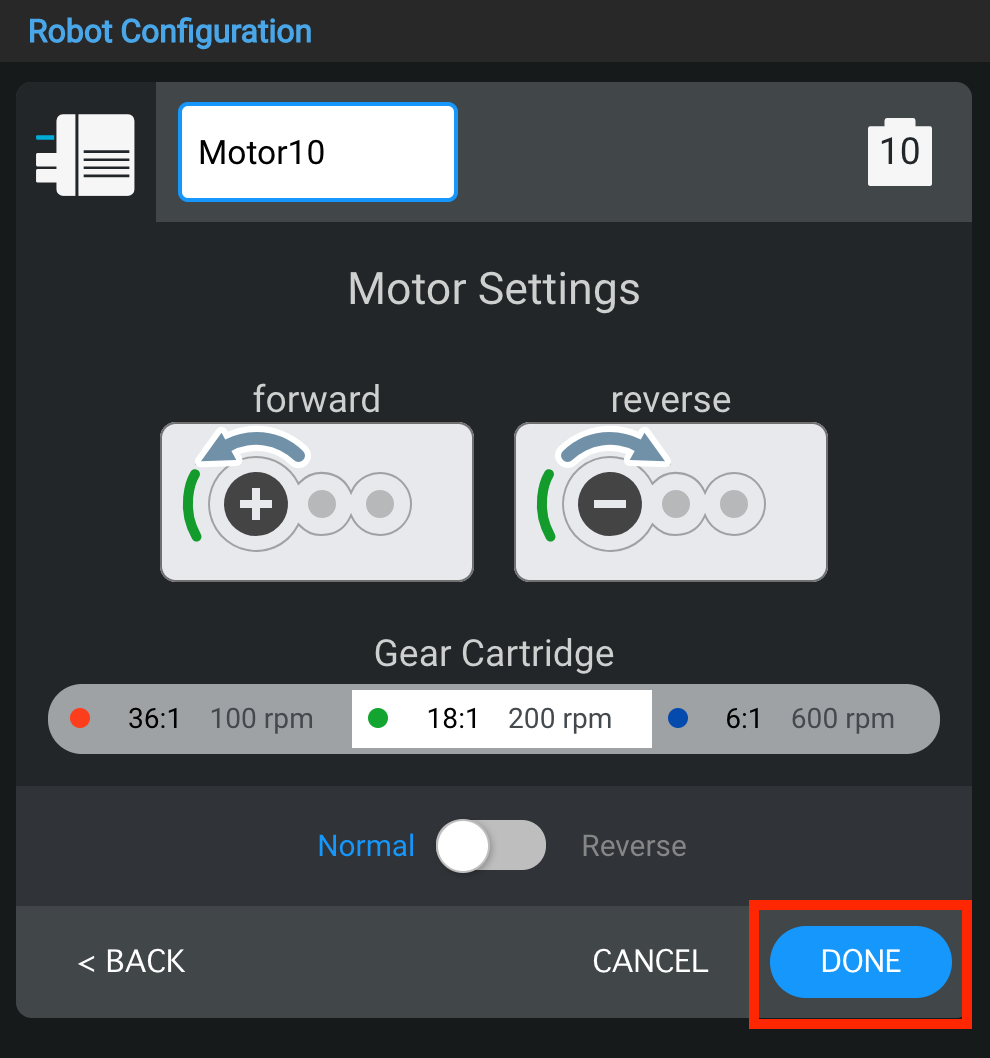 Motor settings menu with Direction and Gear Cartridge options shown and the Done button highlighted below.