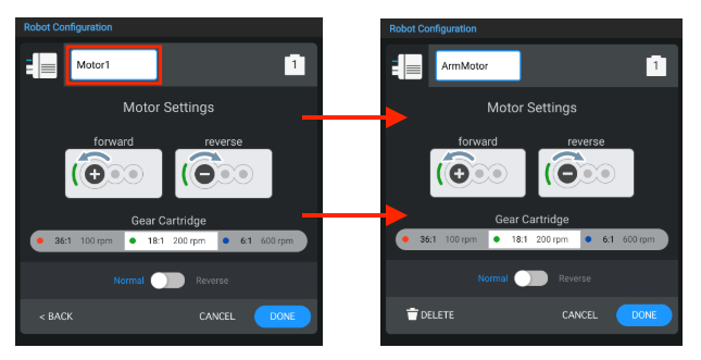 Side by side screenshots to show the Motor device name being changed to ArmMotor using the name field.