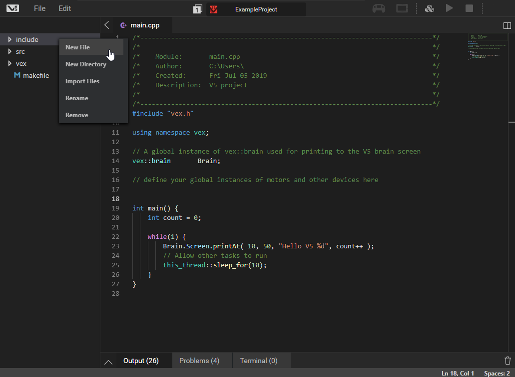 VEXcode Pro V5 interface with include folder context menu open and New File option highlighted.