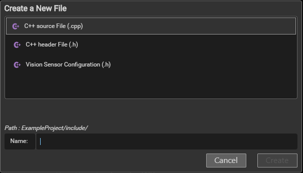 Create New File window showing file type options including C++ source file, C++ header file, and Vision Sensor Configuration file.
