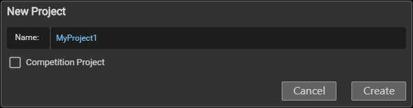 VEXcode Pro V5 New Project window showing project name field filled and Create button shown below.
