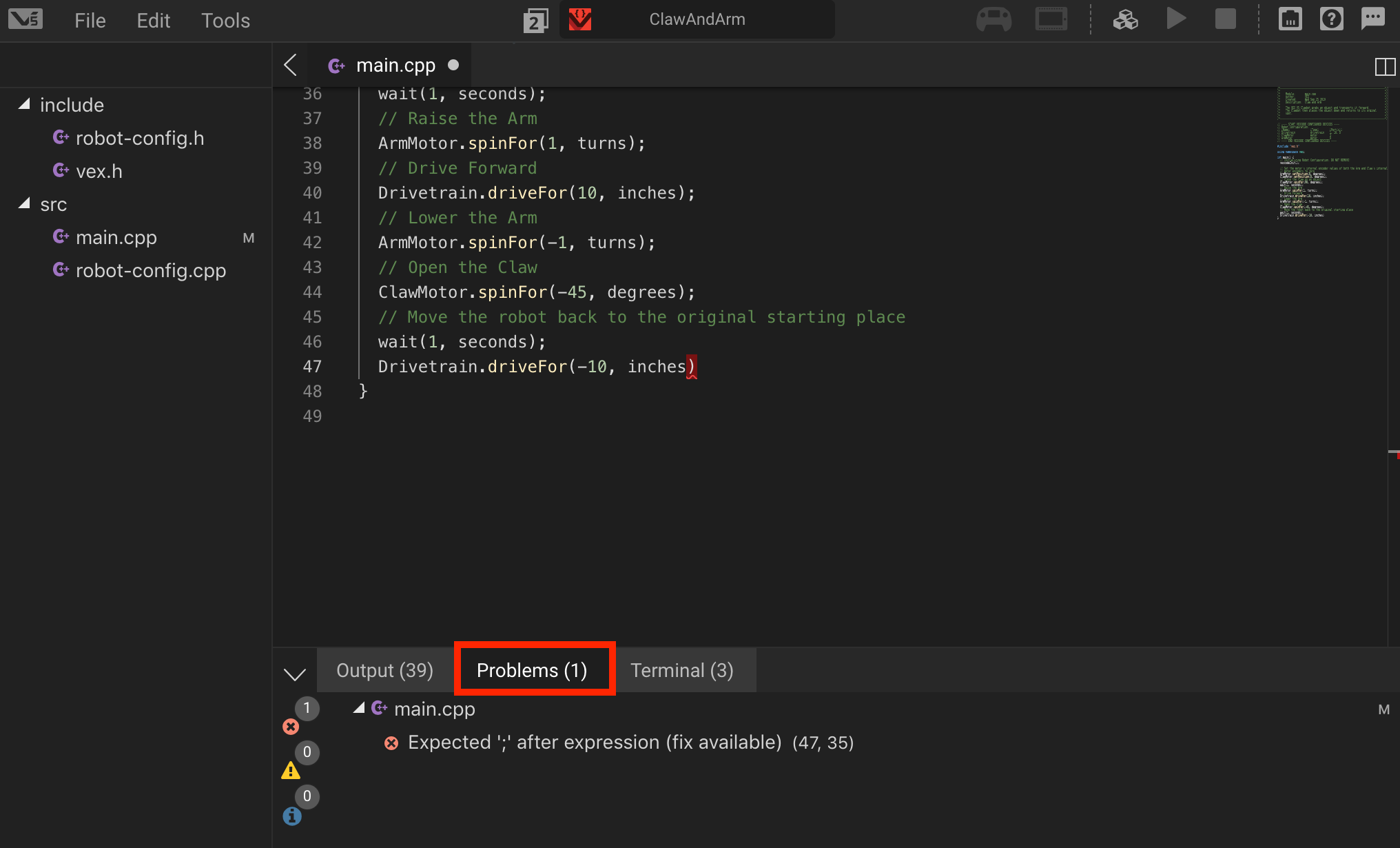 VEXcode Pro V5 interface showing Problems tab with an error message displayed at the bottom of the code editor.