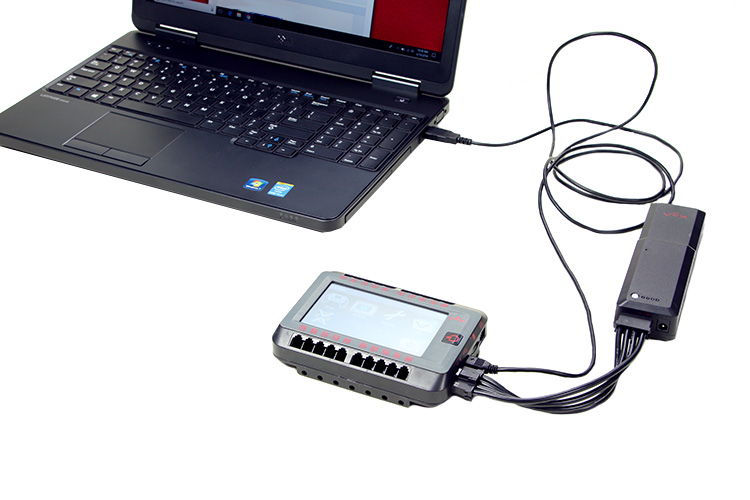 Laptop connected to a V5 Robot Brain using a micro USB cable with battery attached.
